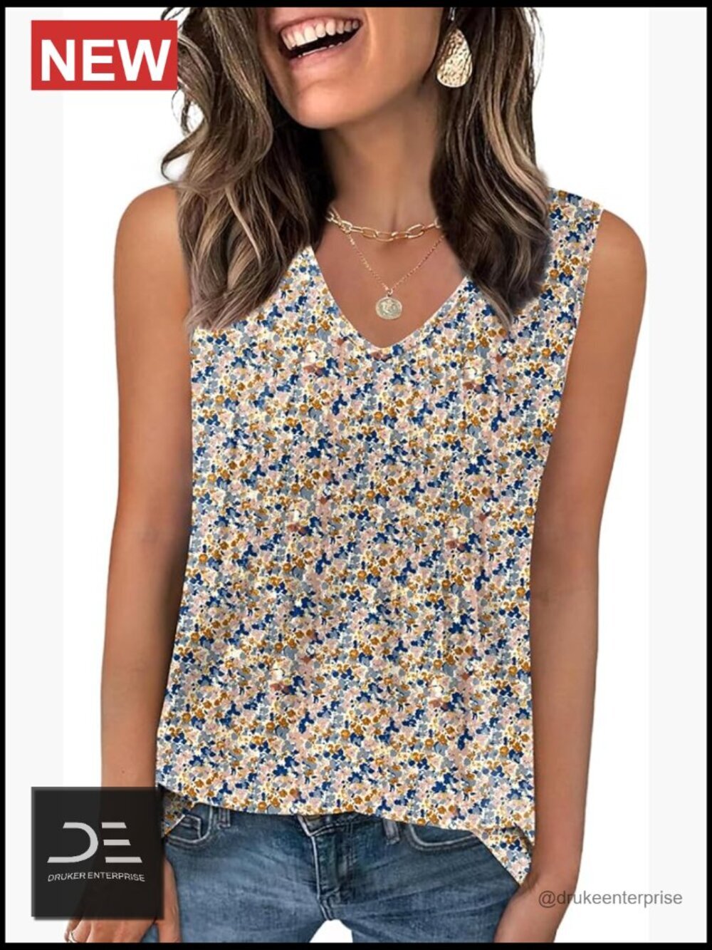 Sleeveless Pleated V Neck Tank Top Loose Fit Flowy Boho Summer Blouse